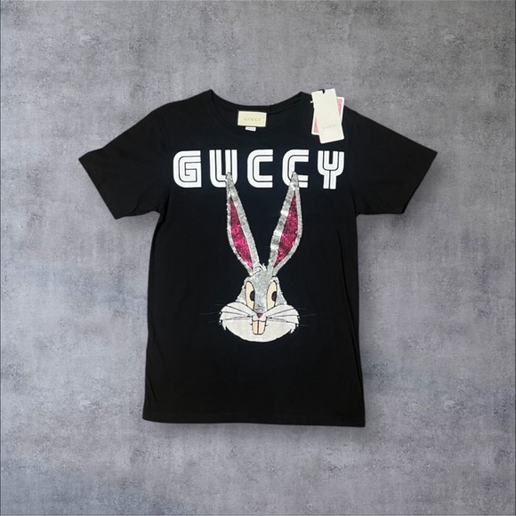 Gucci Tops - Gucci Black Short Sleeve Tee with Sequined Bunny and White GUCCY Logo